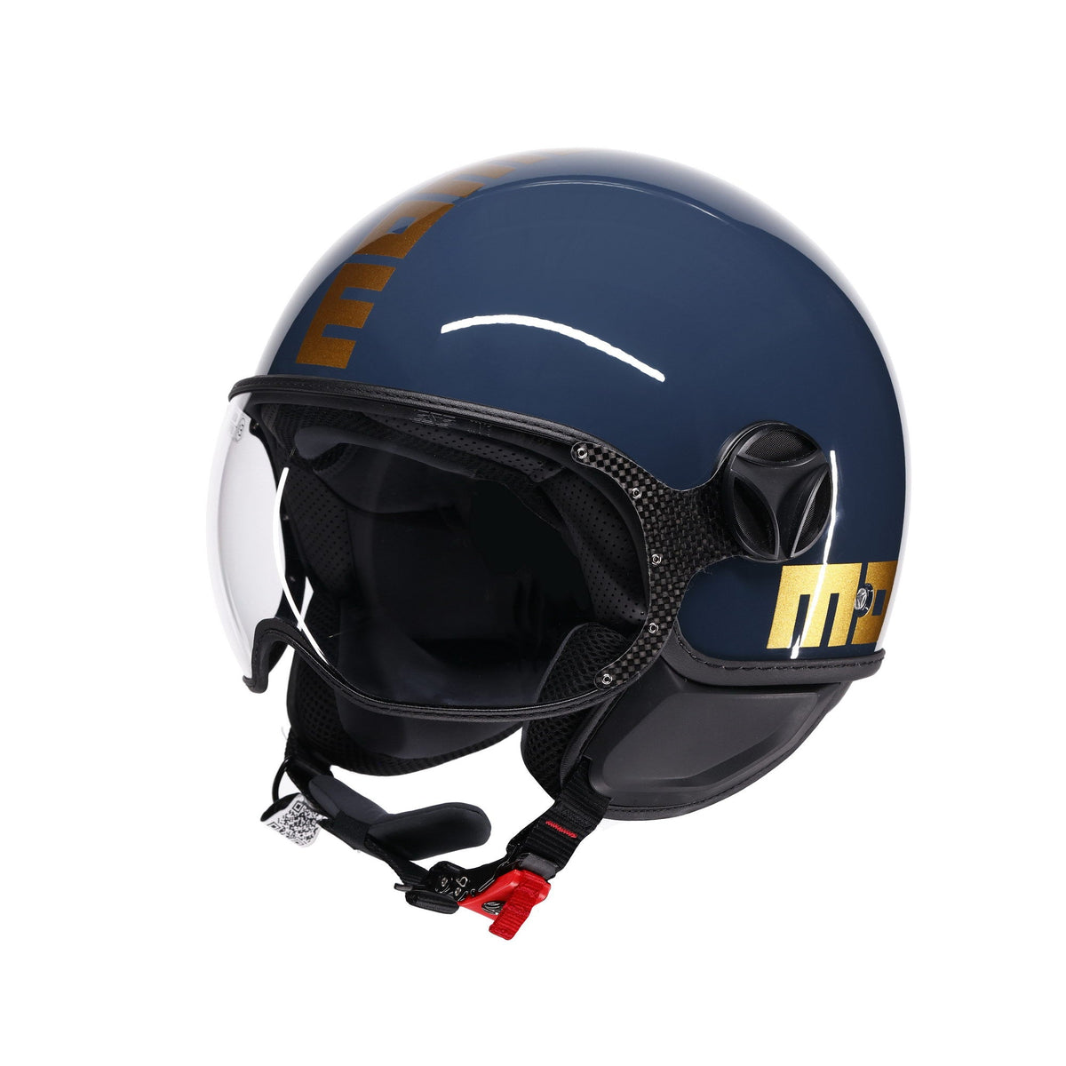 Casco jet Momo Design FGTR Classic Flip blu navy con grafica oro ottone, tre quarti anteriore