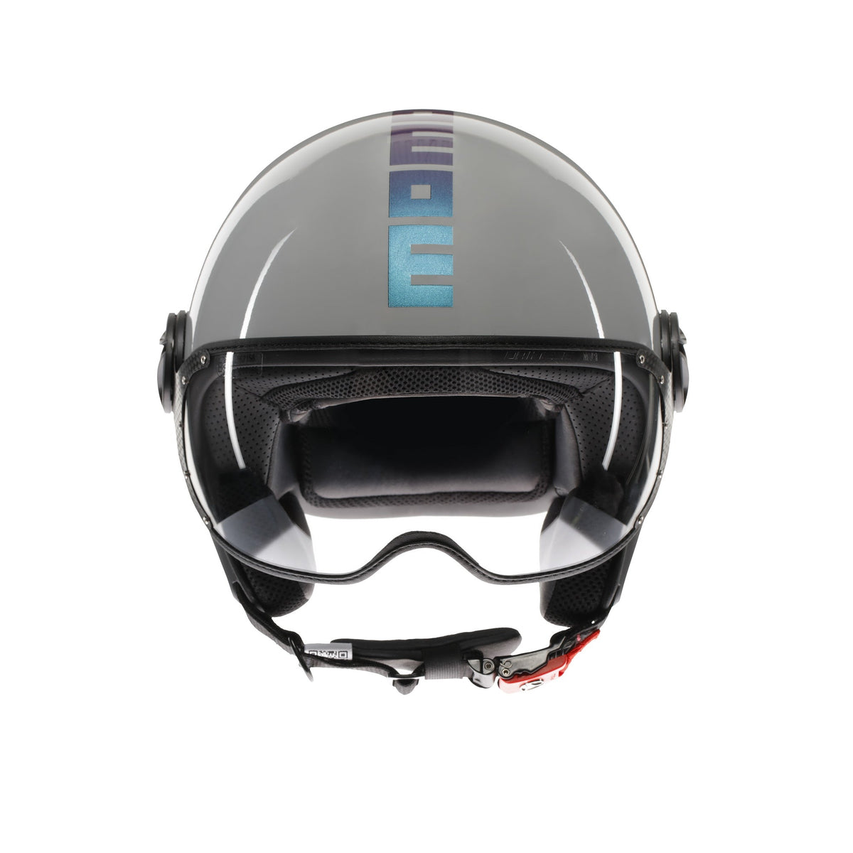 Casco jet Momo Design FGTR Classic Flip grigio lucido, vista frontale con visiera abbassata