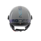 Casco jet Momo Design FGTR Classic Flip grigio lucido, lato sinistro con scritta MOMO DESIGN blu azzurro