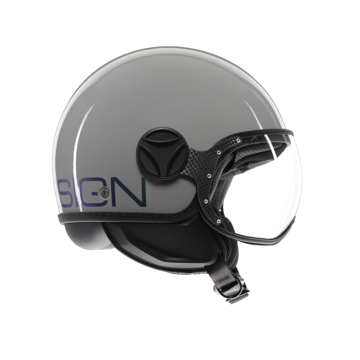 Casco jet Momo Design FGTR Classic Flip grigio lucido, tre quarti posteriore con logo Momodesign blu