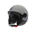 Casco jet Momo Design FGTR Classic Flip grigio lucido con grafica blu fucsia, tre quarti anteriore