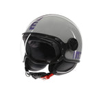 Casco jet Momo Design FGTR Classic Flip grigio lucido con grafica blu fucsia, tre quarti anteriore