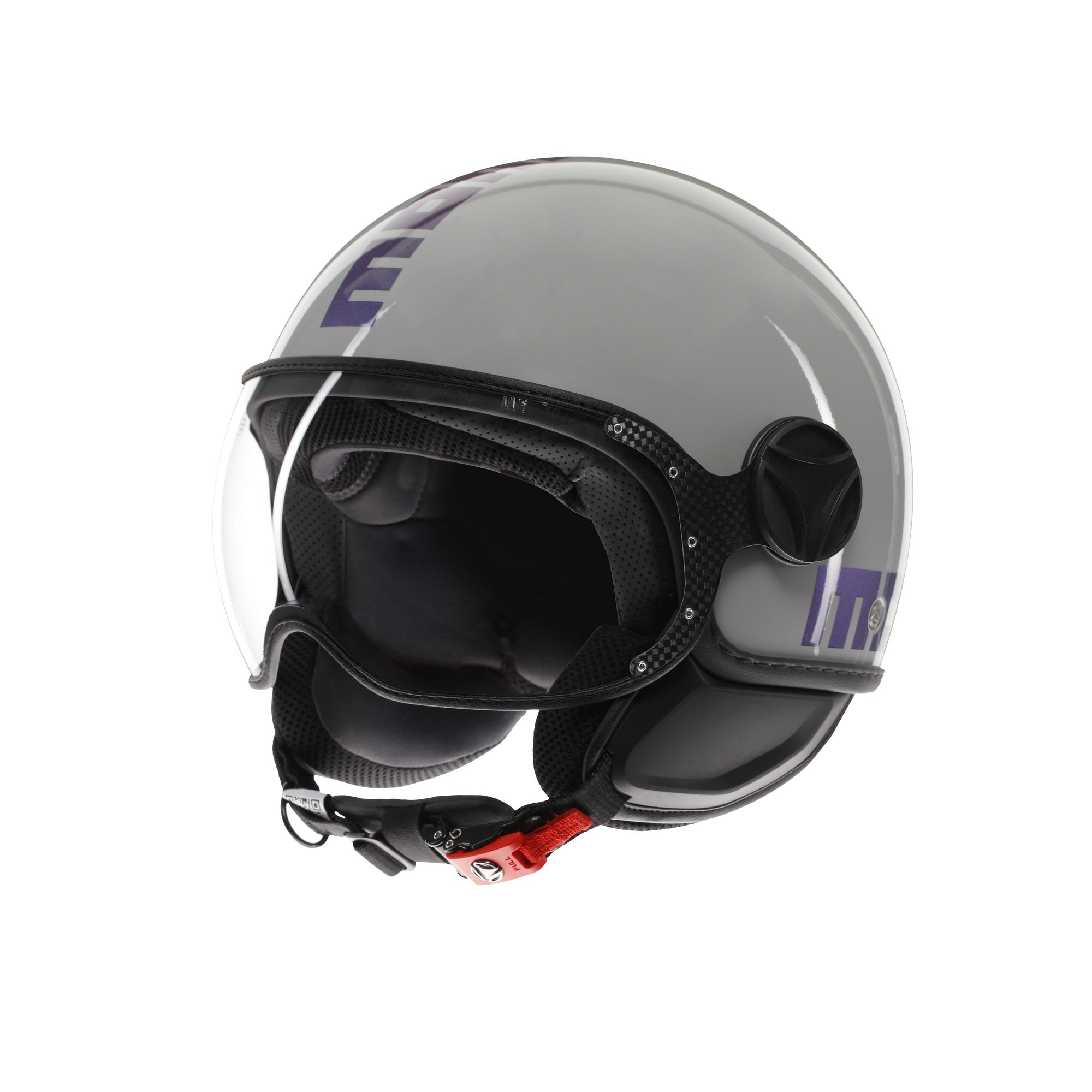 Casco jet Momo Design FGTR Classic Flip grigio lucido con grafica blu fucsia, tre quarti anteriore