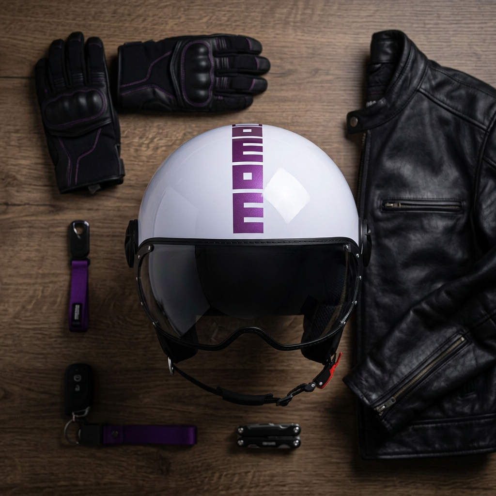 Casco jet Momo Design FGTR Classic Flip lilla lucido con scritta MOMODESIGN viola, foto ambientata su un tavolo di legno con guanti e giacca da moto