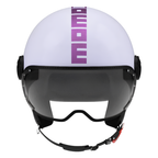 Casco jet Momo Design FGTR Classic Flip lilla lucido, vista frontale con visiera trasparente e scritta MOMO viola al centro