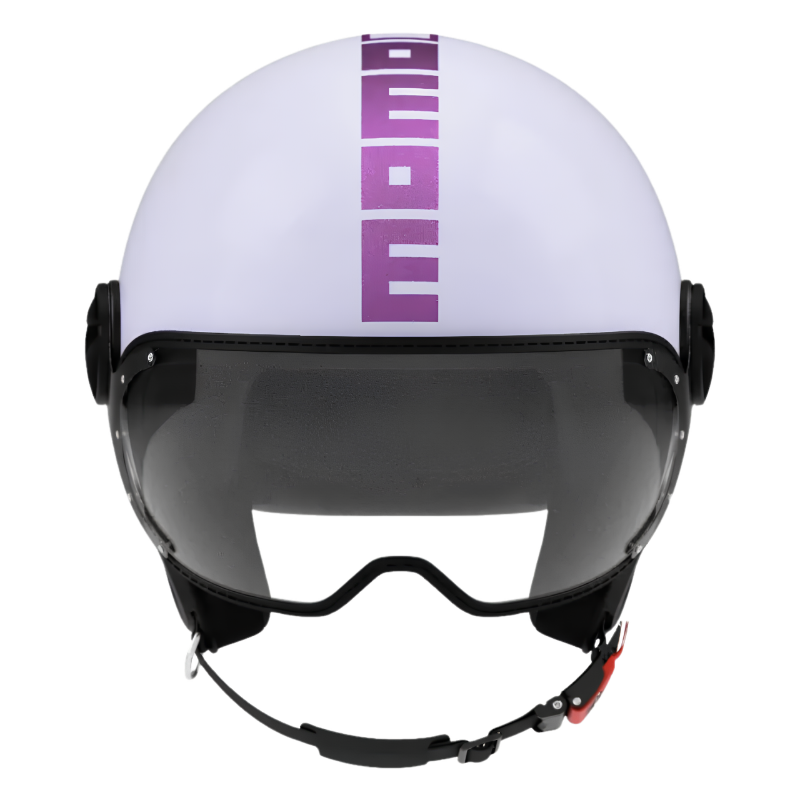 Casco jet Momo Design FGTR Classic Flip lilla lucido, vista frontale con visiera trasparente e scritta MOMO viola al centro