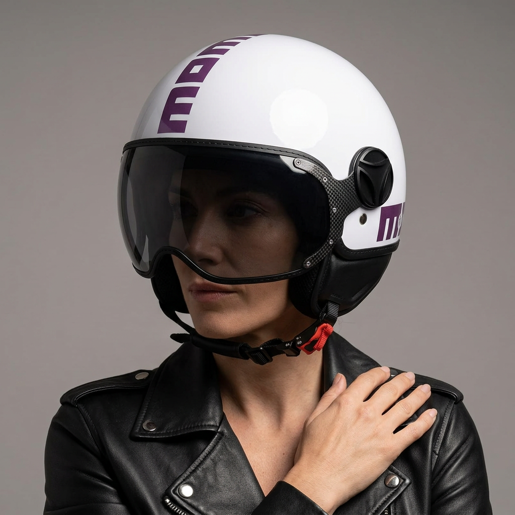 Casco jet Momo Design FGTR Classic Flip lilla lucido indossato, vista di tre quarti con visiera trasparente e scritta MOMODESIGN viola
