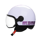 Casco jet Momo Design FGTR Classic Flip lilla lucido, lato destro con scritta MOMO viola e linguetta del cinturino rossa
