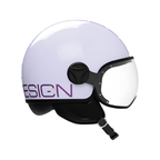 Casco jet Momo Design FGTR Classic Flip lilla lucido, lato sinistro con scritta DESIGN viola e nottolino nero