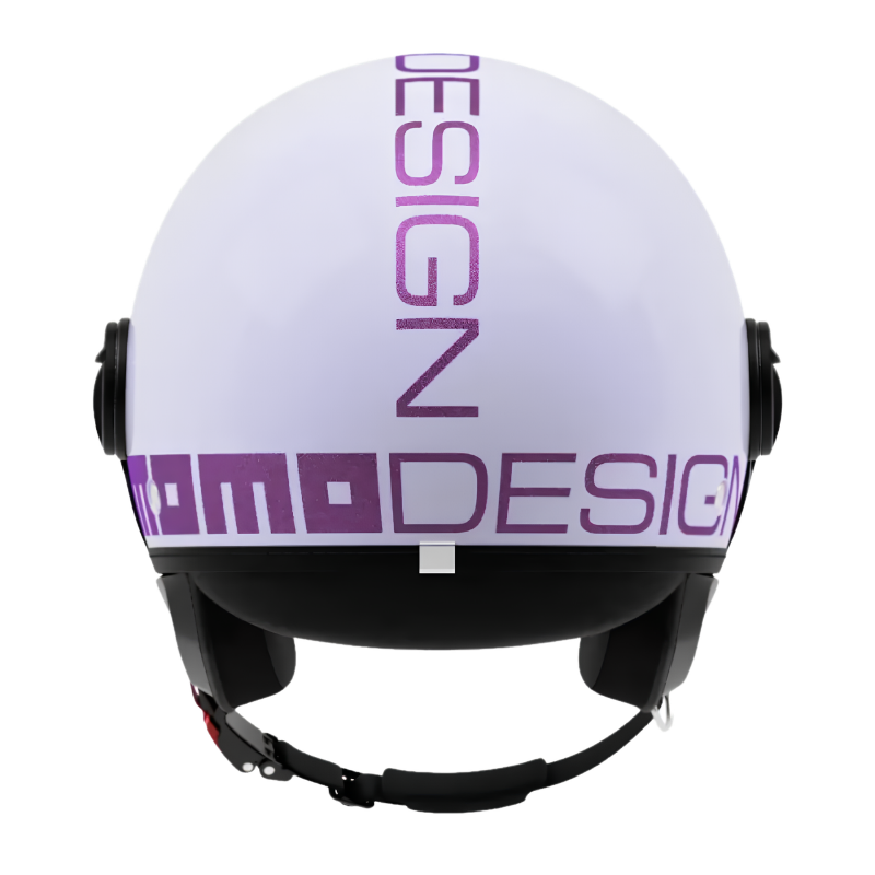 Casco jet Momo Design FGTR Classic Flip lilla lucido, vista posteriore con scritta MOMODESIGN viola in orizzontale e in verticale