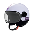 Casco jet Momo Design FGTR Classic Flip lilla lucido con scritta MOMODESIGN viola, vista tre quarti anteriore con visiera trasparente
