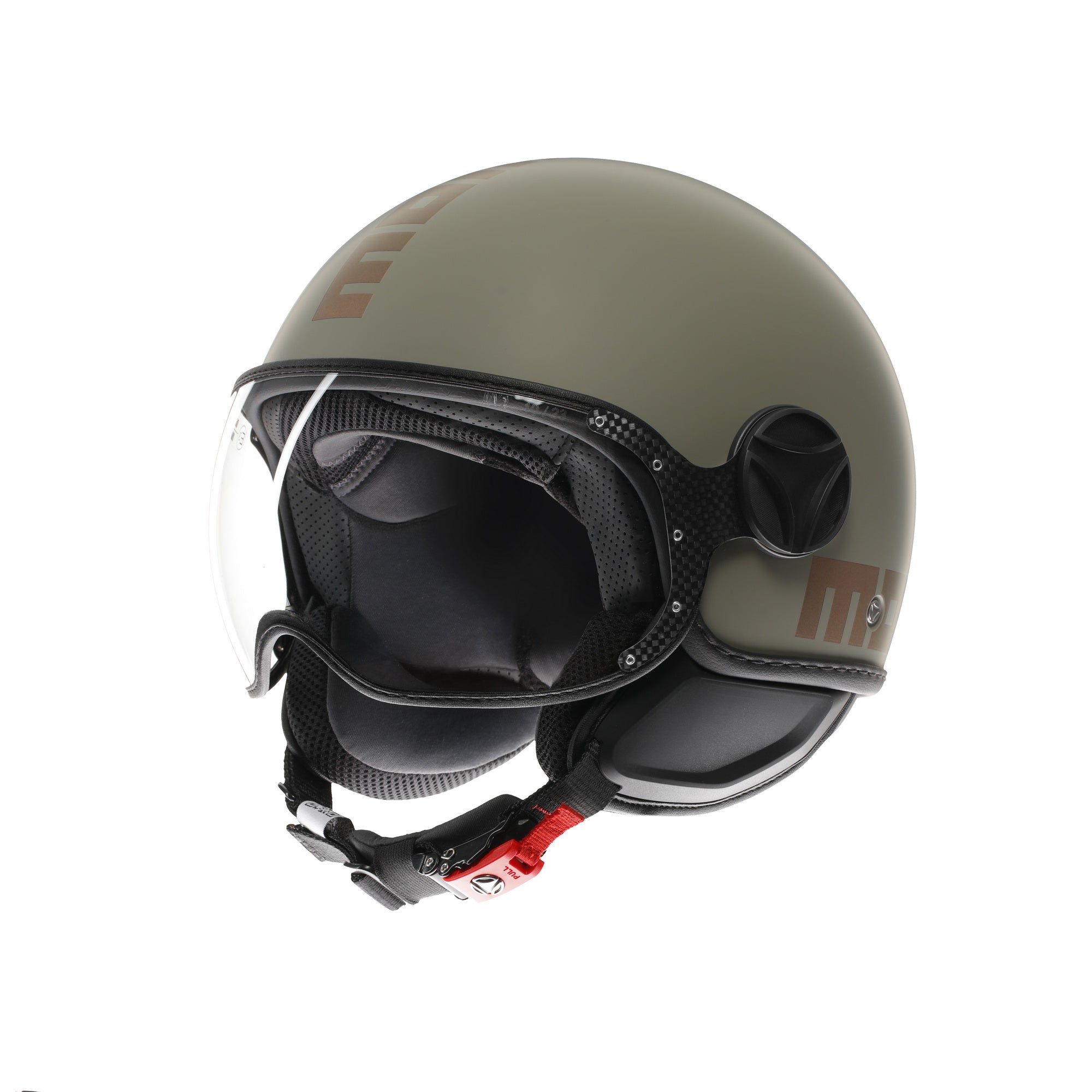 Casco jet Momo Design FGTR Classic Flip verde opaco con grafica bronzo, tre quarti anteriore