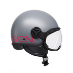 Casco jet Momo Design FGTR Classic Fluo grigio opaco, lato destro con logo fucsia fluo