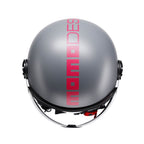 Casco jet Momo Design FGTR Classic Fluo grigio opaco, vista posteriore con scritta fucsia fluo