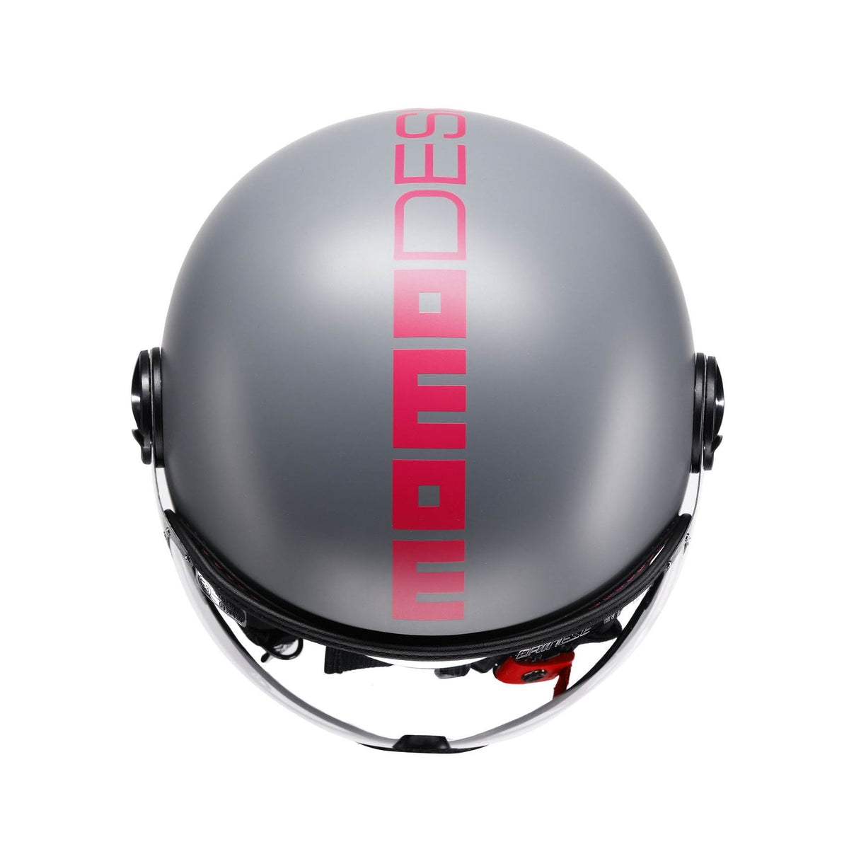 Casco jet Momo Design FGTR Classic Fluo grigio opaco, vista posteriore con scritta fucsia fluo