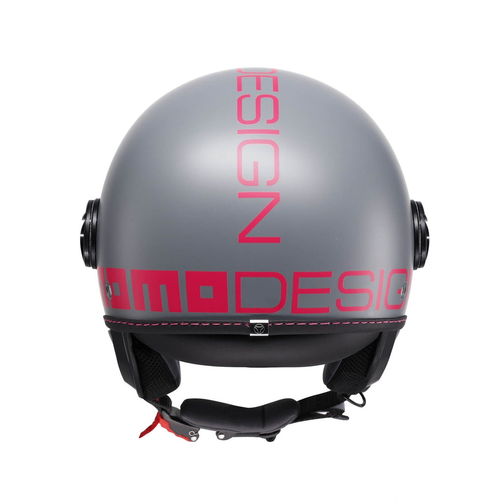Casco jet Momo Design FGTR Classic Fluo grigio opaco, tre quarti posteriore con logo Momodesign fucsia