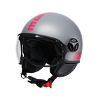 Casco jet Momo Design FGTR Classic Fluo grigio opaco con grafica fucsia fluo, tre quarti anteriore