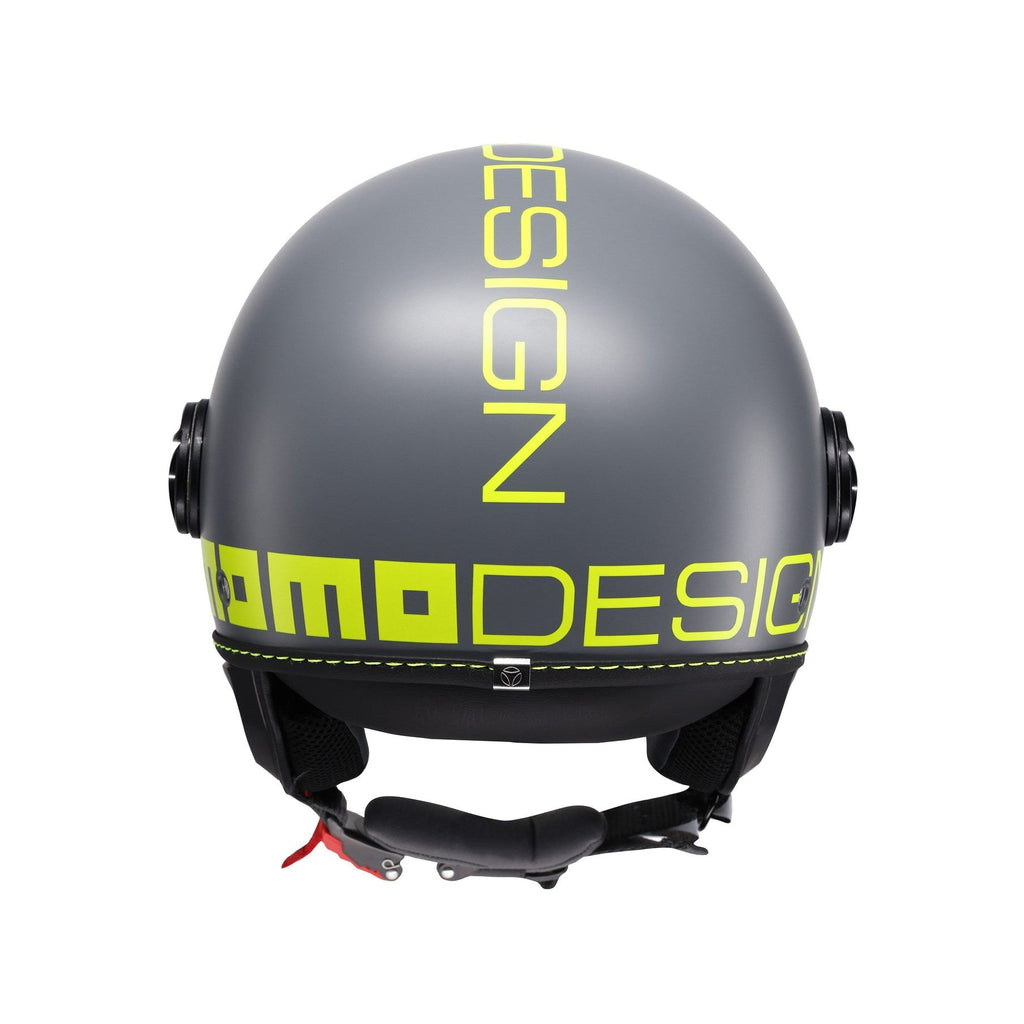 Casco jet Momo Design FGTR Classic Fluo grigio opaco, lato destro con logo giallo fluo