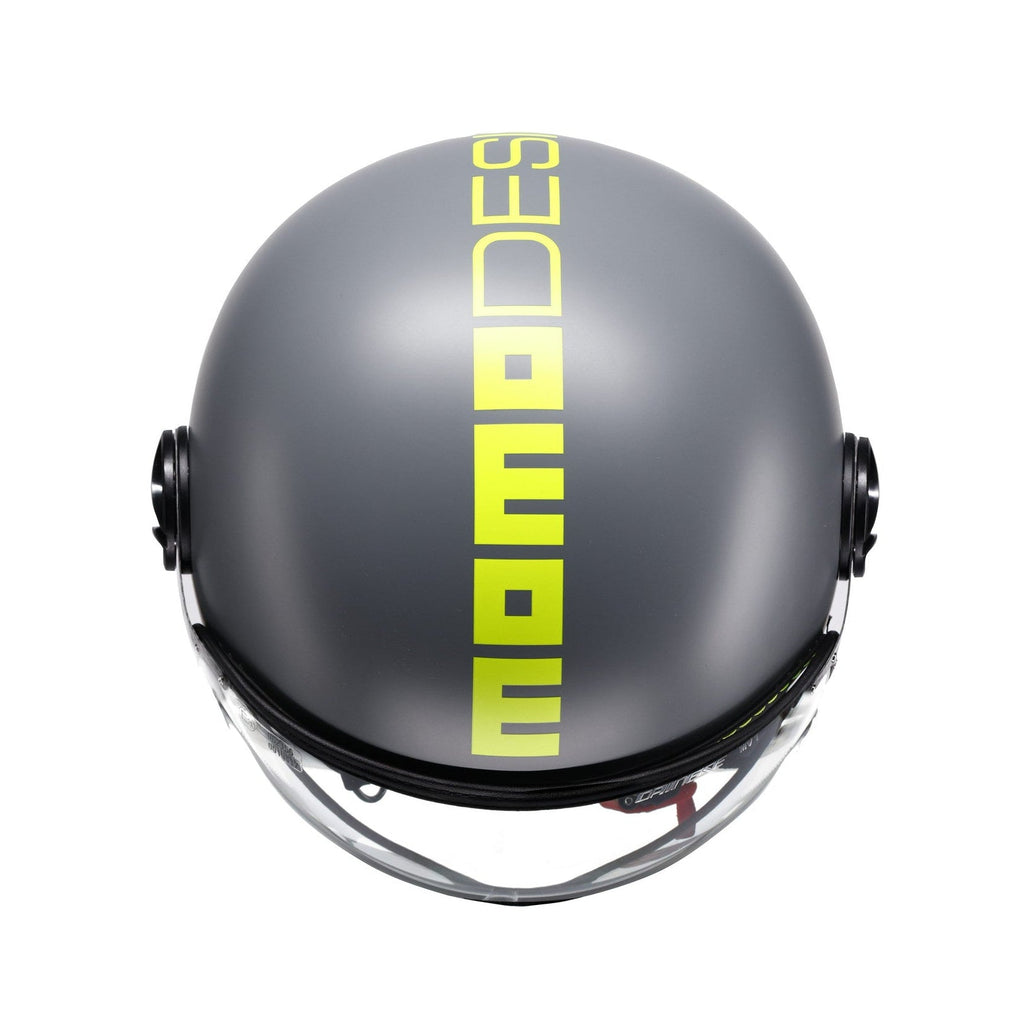 Casco jet Momo Design FGTR Classic Fluo grigio opaco, vista posteriore con scritta giallo fluo