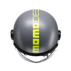 Casco jet Momo Design FGTR Classic Fluo grigio opaco, vista posteriore con scritta giallo fluo