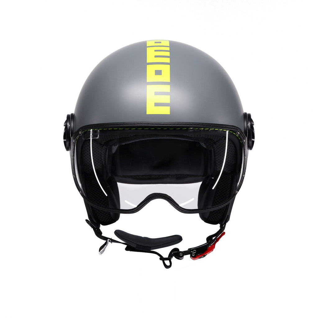 Casco jet Momo Design FGTR Classic Fluo grigio opaco con grafica giallo fluo, tre quarti anteriore