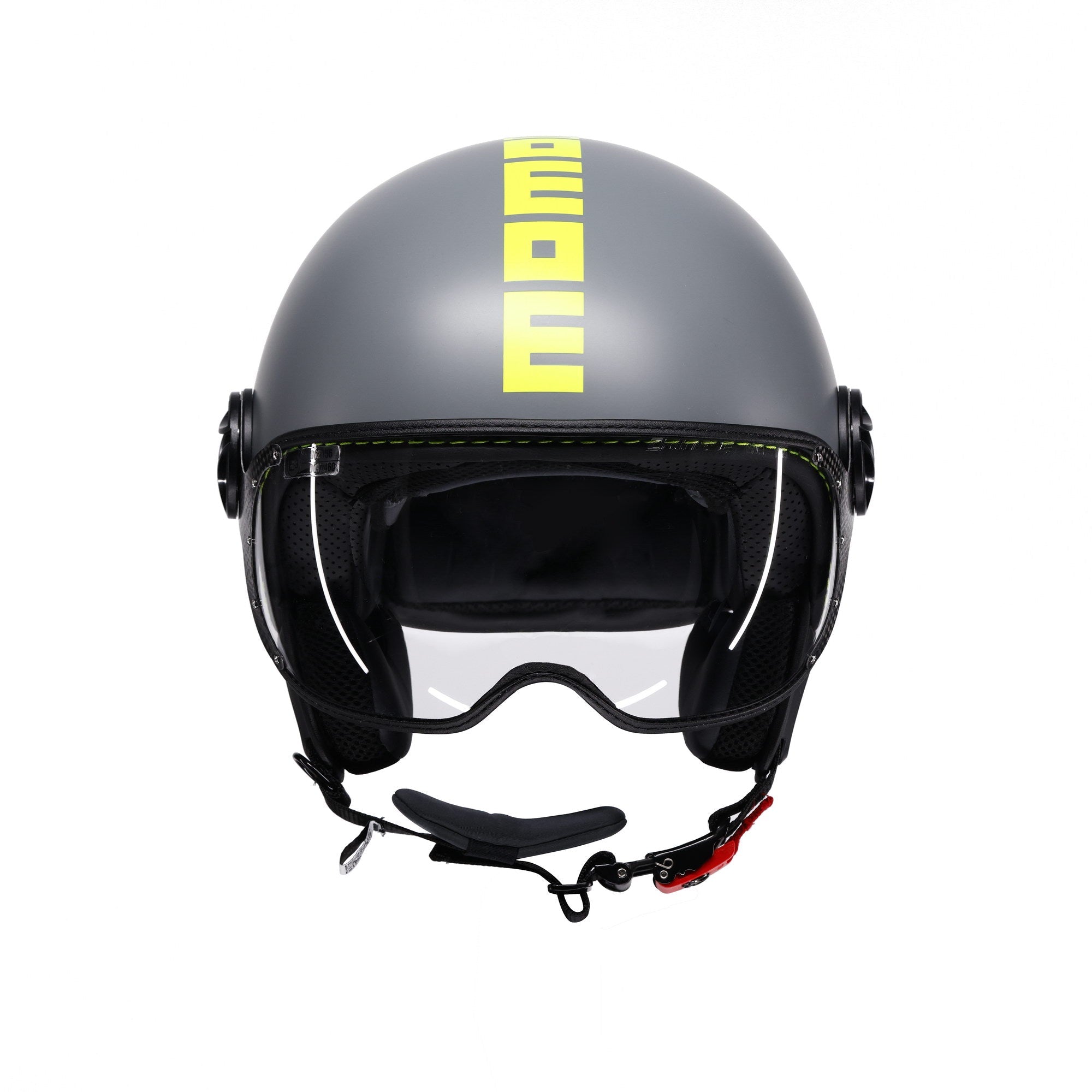 Casco jet Momo Design FGTR Classic Fluo grigio opaco con grafica giallo fluo, tre quarti anteriore