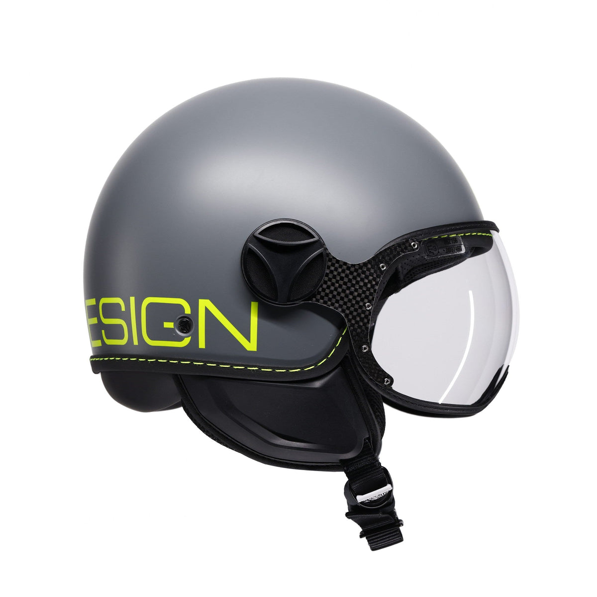 Casco jet Momo Design FGTR Classic Fluo grigio opaco, tre quarti posteriore con visiera alzata