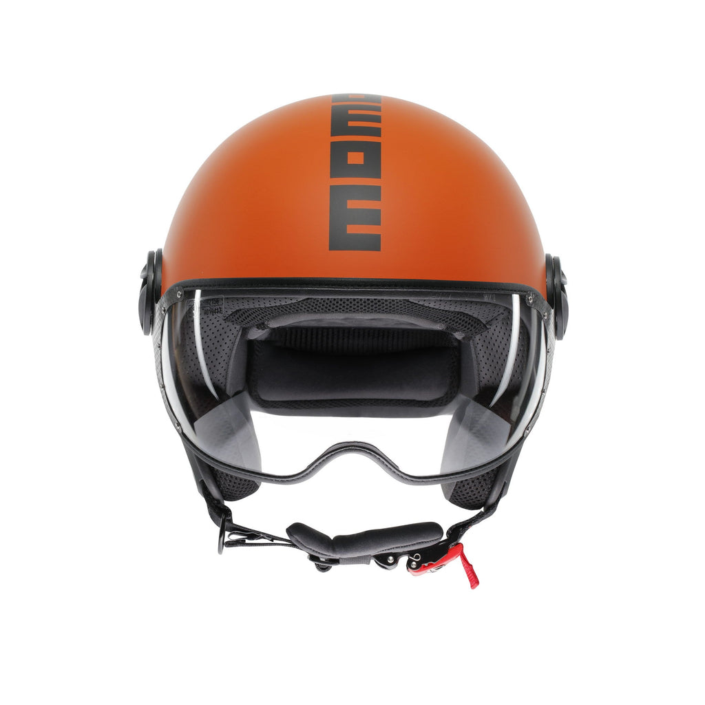 Casco jet Momo Design FGTR Classic Mono arancione opaco, vista frontale con visiera alzata e interni a vista