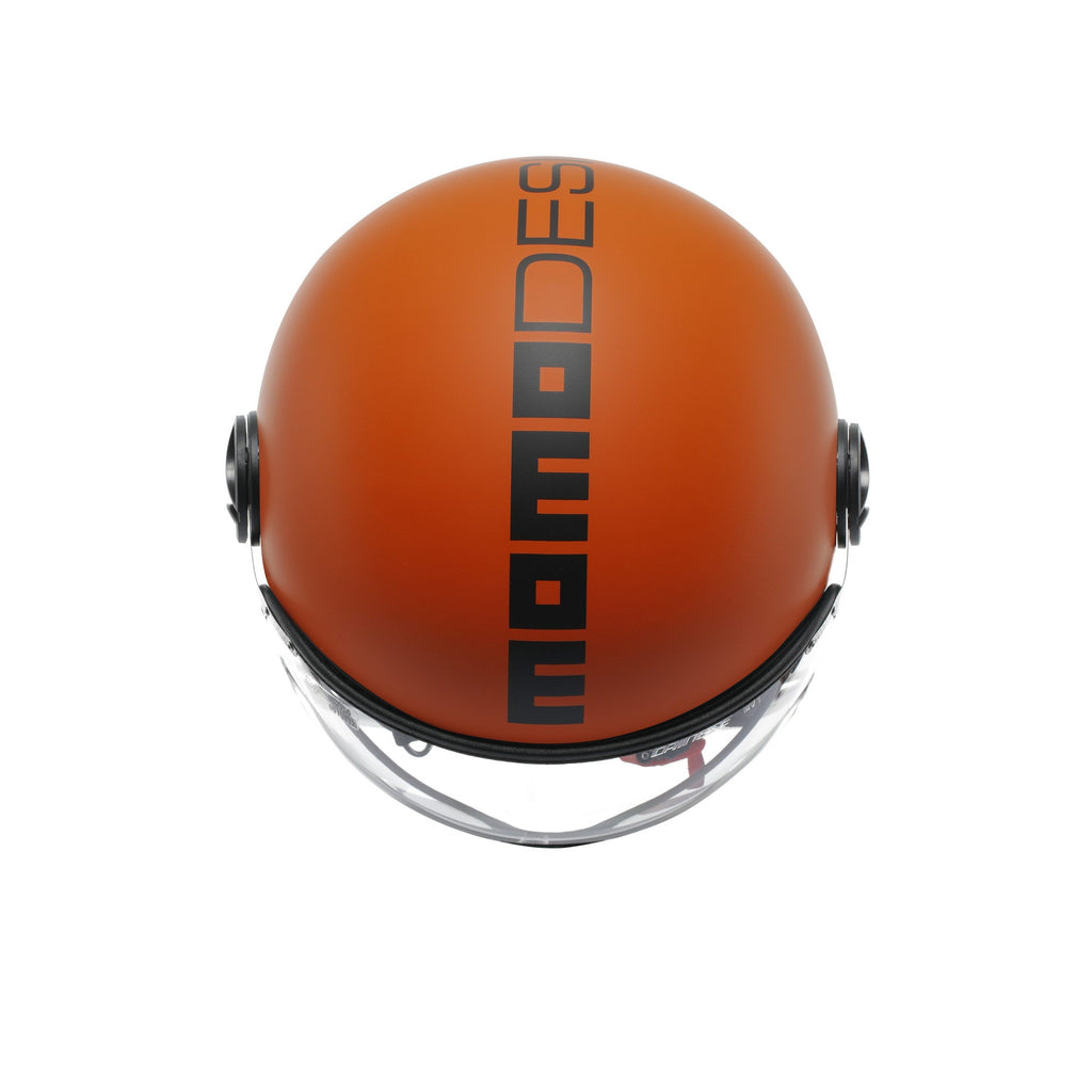 Casco jet Momo Design FGTR Classic Mono arancione opaco, vista posteriore con scritta MOMODESIGN verticale nera