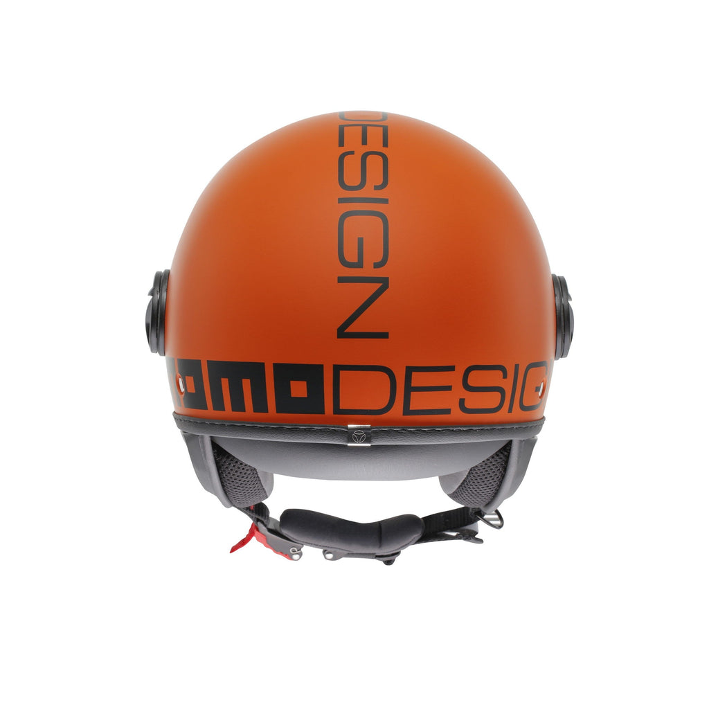 Casco jet Momo Design FGTR Classic Mono arancione opaco, tre quarti posteriore con logo MOMODESIGN nero