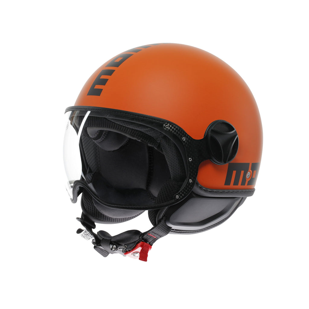 Casco jet Momo Design FGTR Classic Mono arancione opaco con scritte nere, tre quarti anteriore con visiera alzata