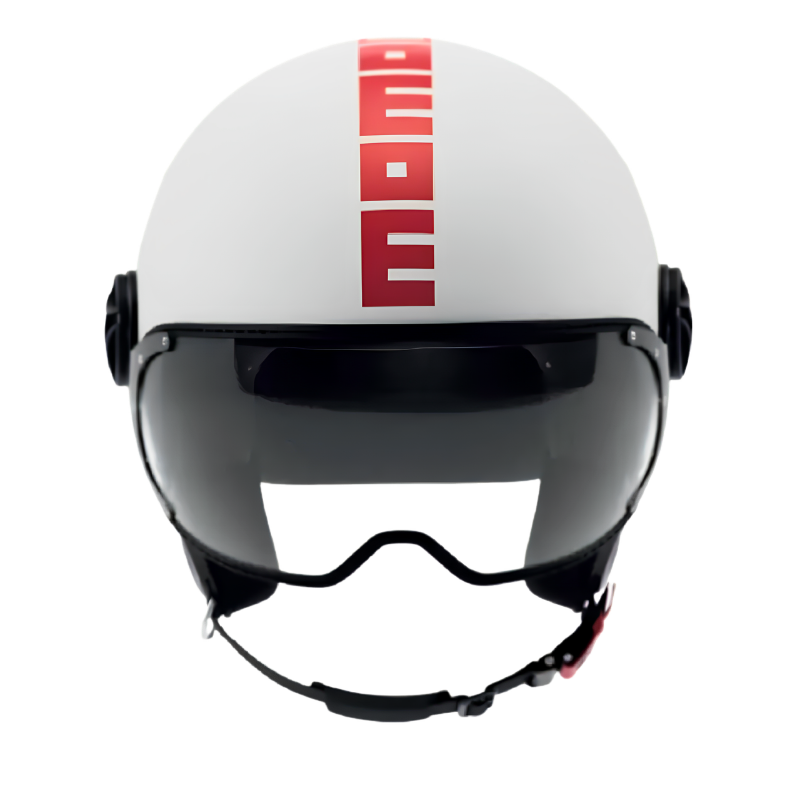 Casco jet Momo Design FGTR Classic Mono bianco opaco, vista frontale con visiera trasparente e scritta MOMO rosso papavero al centro
