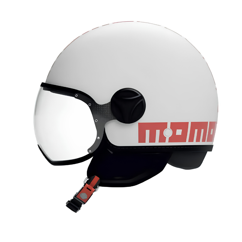 Casco jet Momo Design FGTR Classic Mono bianco opaco, lato destro con scritta MOMO rosso papavero e linguetta del cinturino rossa