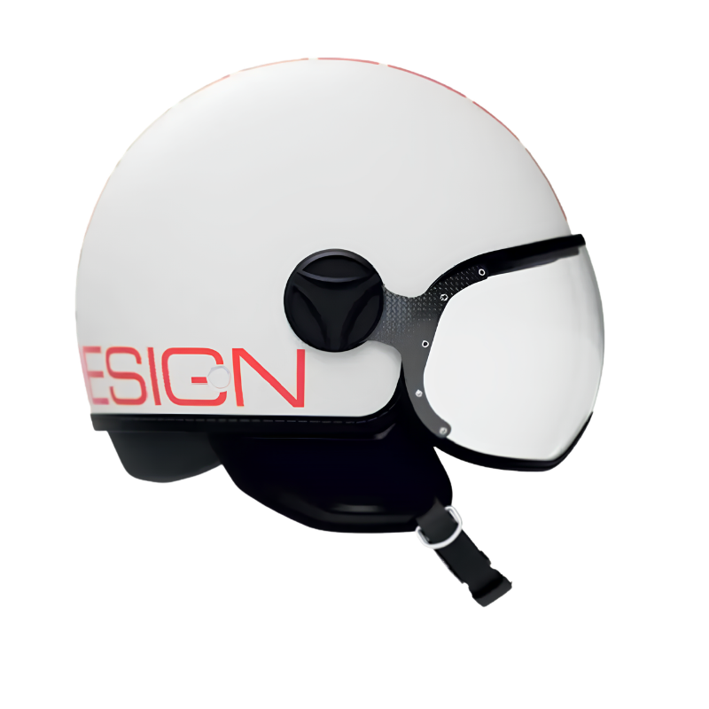 Casco jet Momo Design FGTR Classic Mono bianco opaco, lato sinistro con scritta DESIGN rosso papavero e nottolino nero