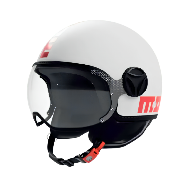 Casco jet Momo Design FGTR Classic Mono bianco opaco con scritta MOMODESIGN rosso papavero, vista tre quarti anteriore con visiera trasparente