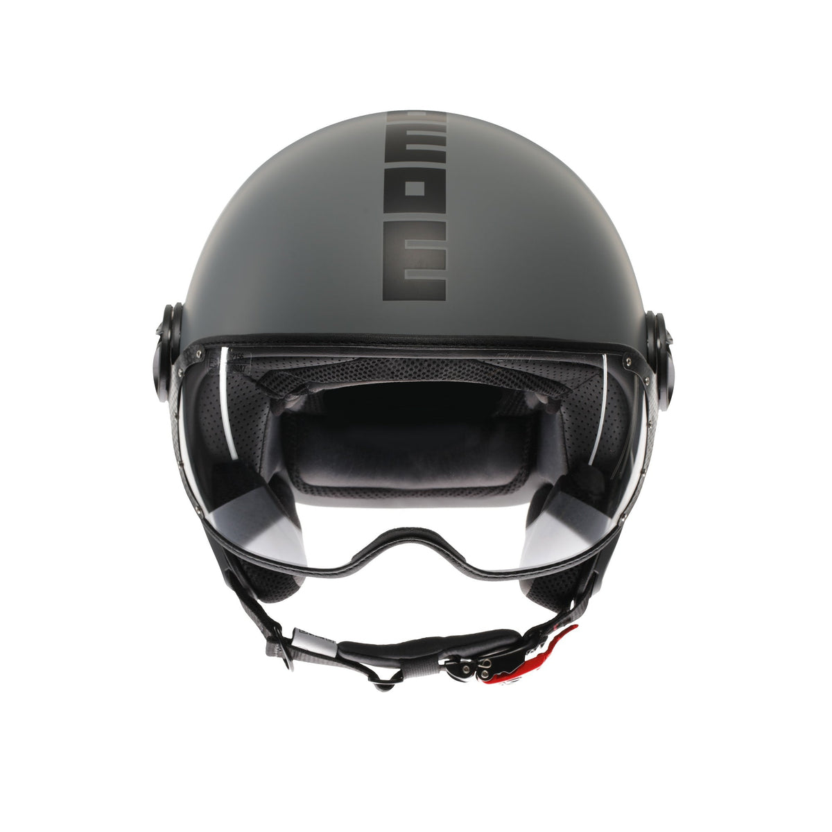 Casco jet Momo Design FGTR Classic Mono grigio opaco, vista frontale con visiera trasparente