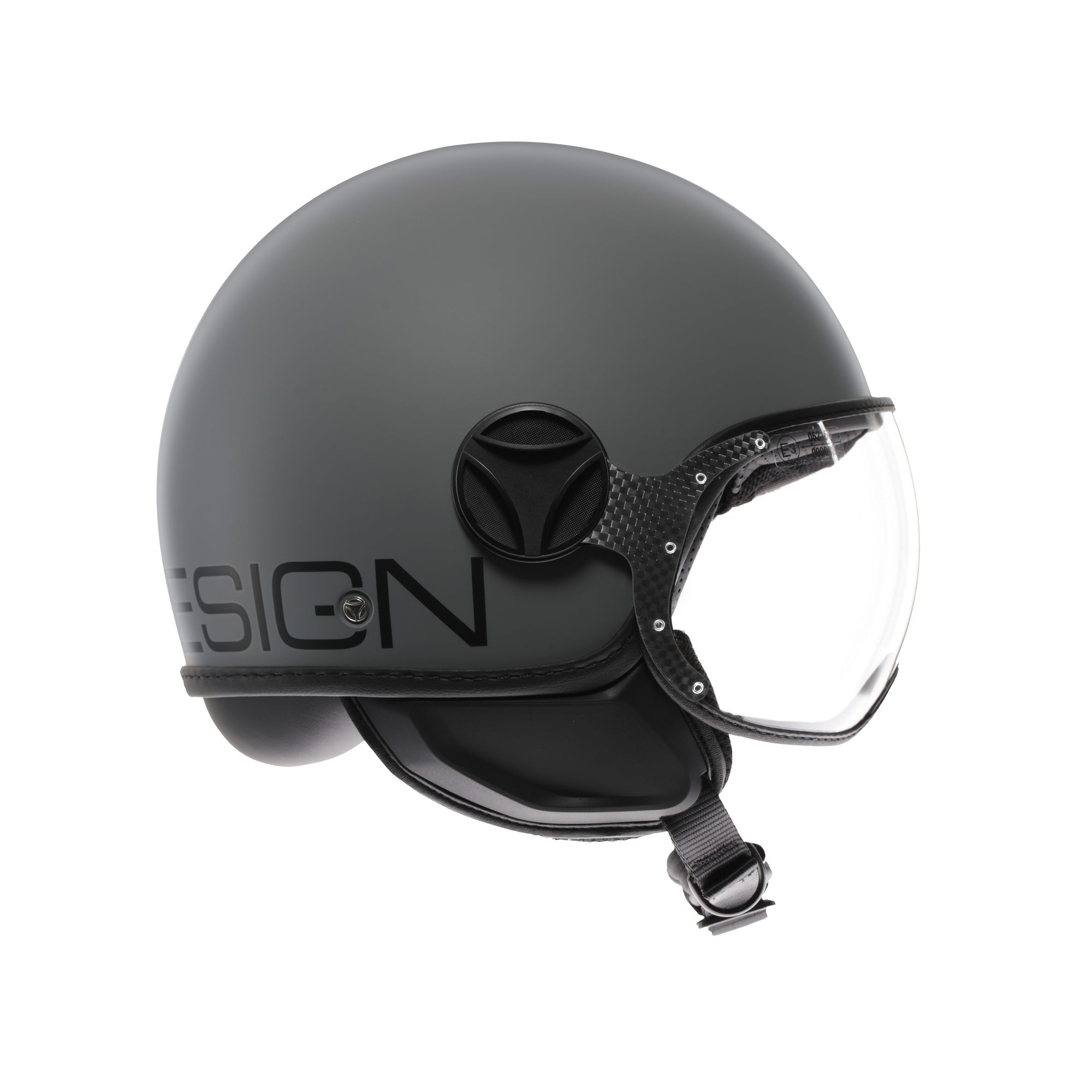 Casco jet Momo Design FGTR Classic Mono grigio opaco, lato destro con scritta MOMODESIGN nera