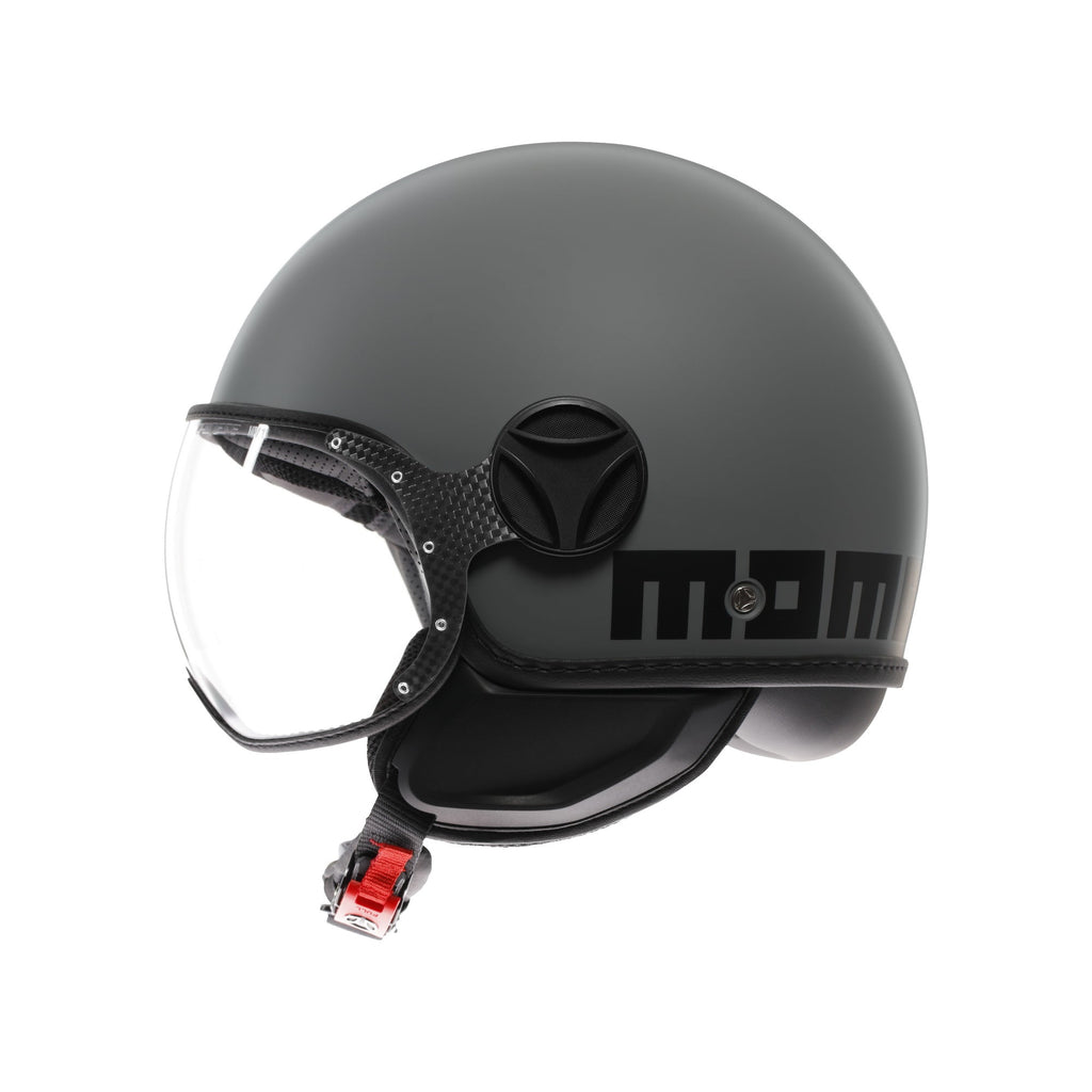 Casco jet Momo Design FGTR Classic Mono grigio opaco, lato sinistro con logo MOMO nero