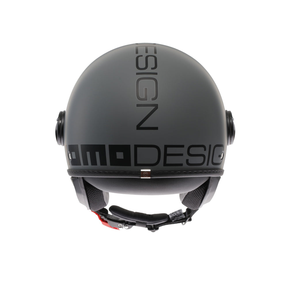 Casco jet Momo Design FGTR Classic Mono grigio opaco, vista posteriore con scritta MOMODESIGN