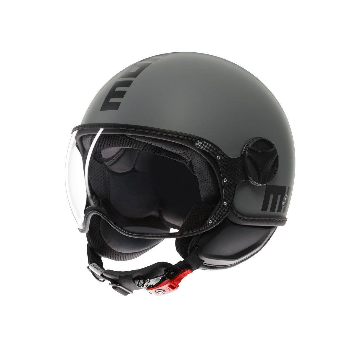 Casco jet Momo Design FGTR Classic Mono grigio opaco con logo nero, vista tre quarti anteriore
