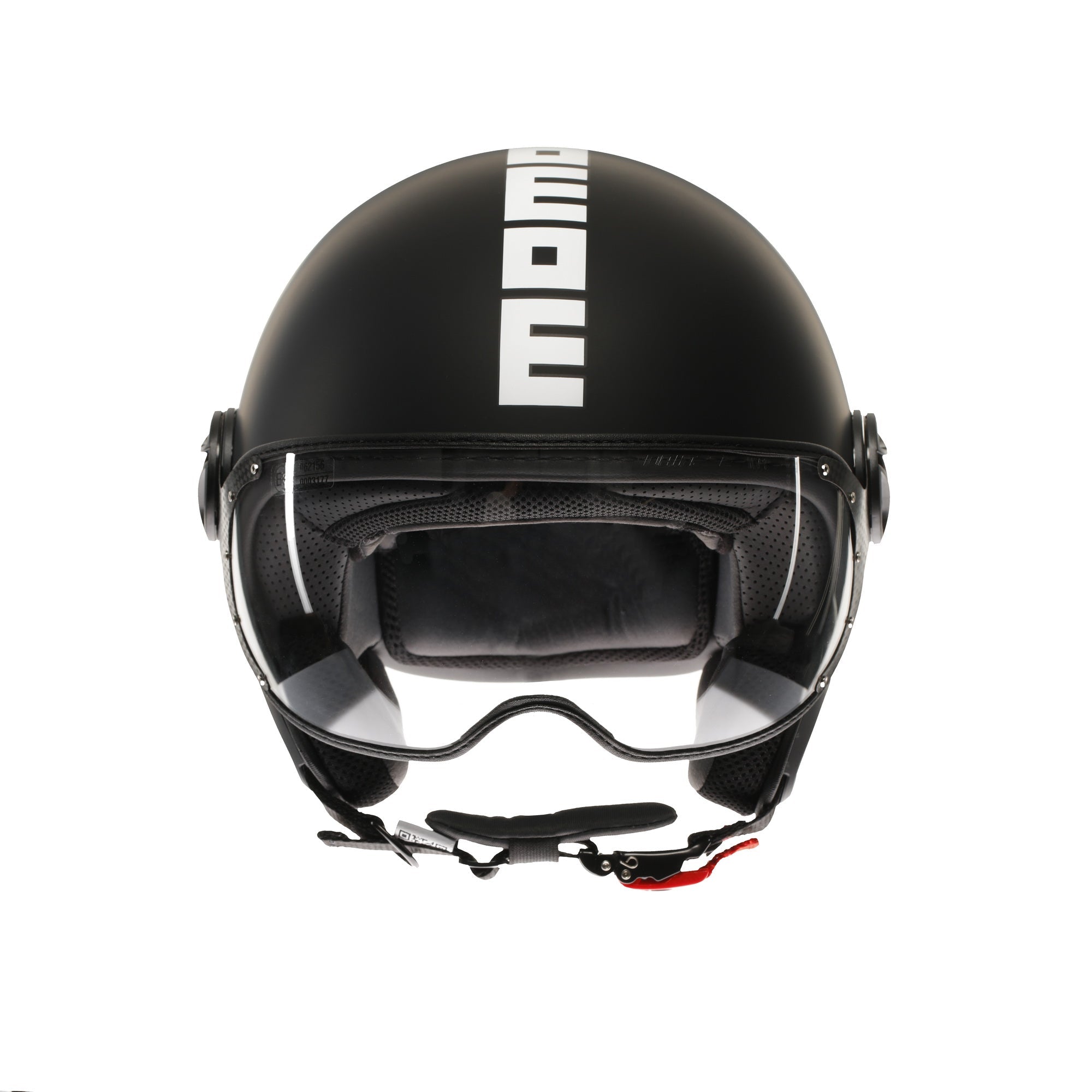 Casco jet Momo Design FGTR Classic Mono nero opaco, vista frontale con visiera alzata e interni a vista