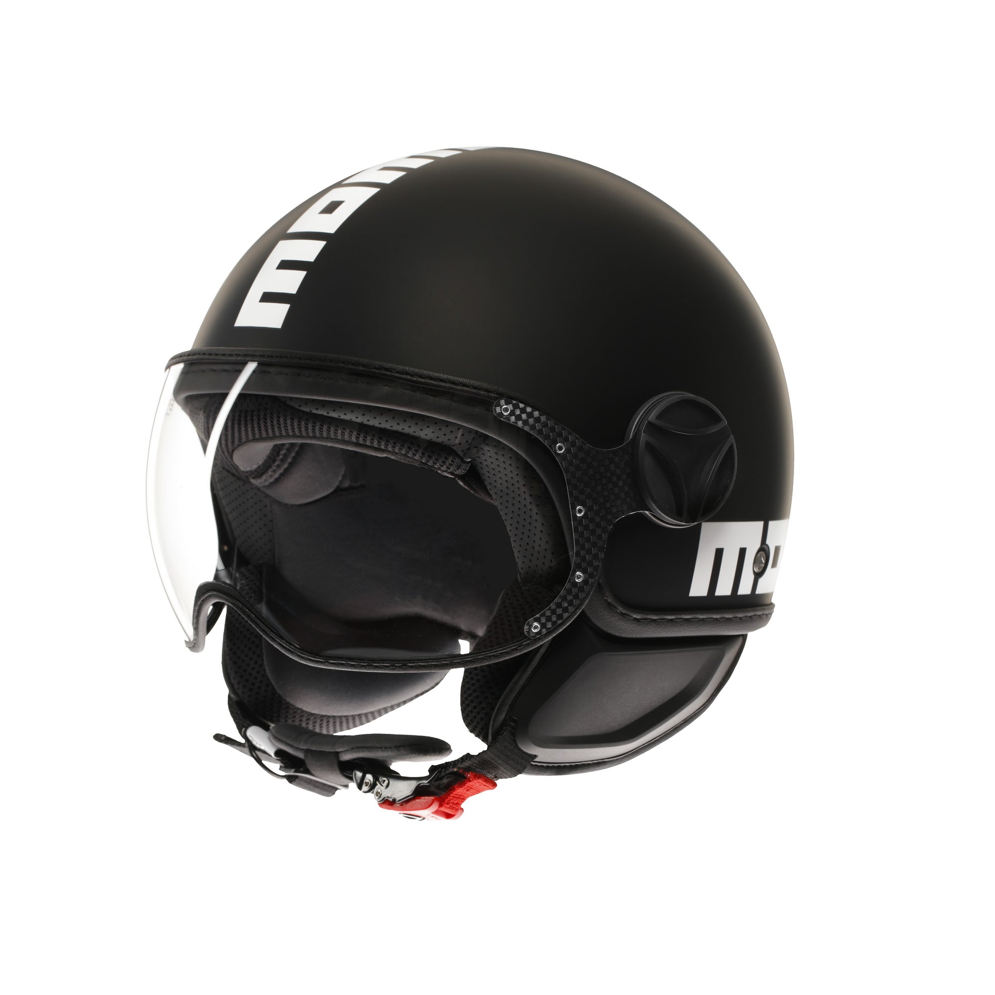 Casco jet Momo Design FGTR Classic Mono nero opaco con scritte bianche, tre quarti anteriore con visiera alzata