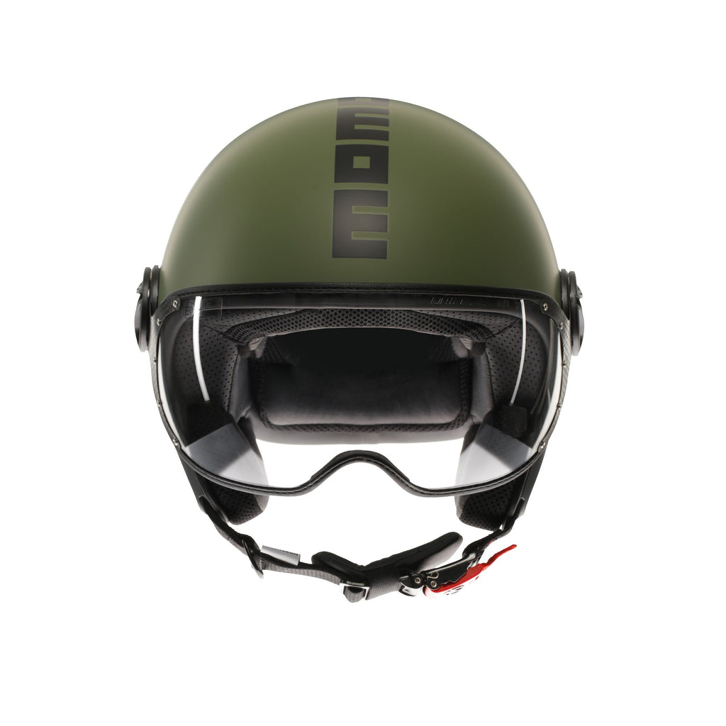 Casco jet Momo Design FGTR Classic Mono verde militare opaco, vista frontale con visiera abbassata