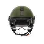 Casco jet Momo Design FGTR Classic Mono verde militare opaco, vista frontale con visiera abbassata