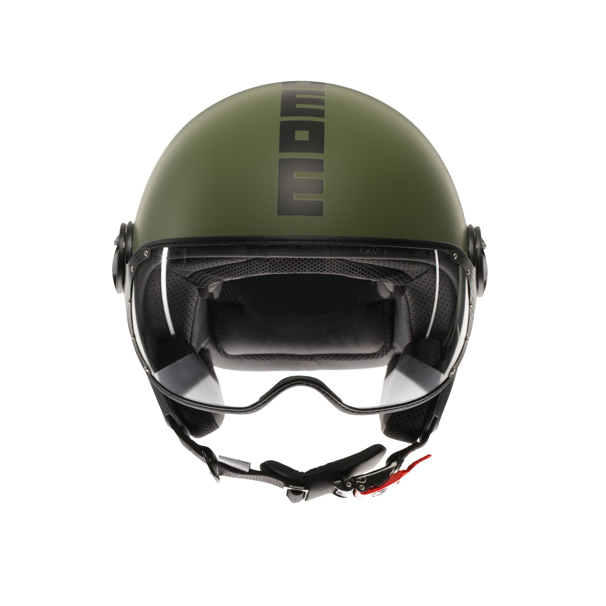 Casco jet Momo Design FGTR Classic Mono verde militare opaco, vista frontale con visiera abbassata