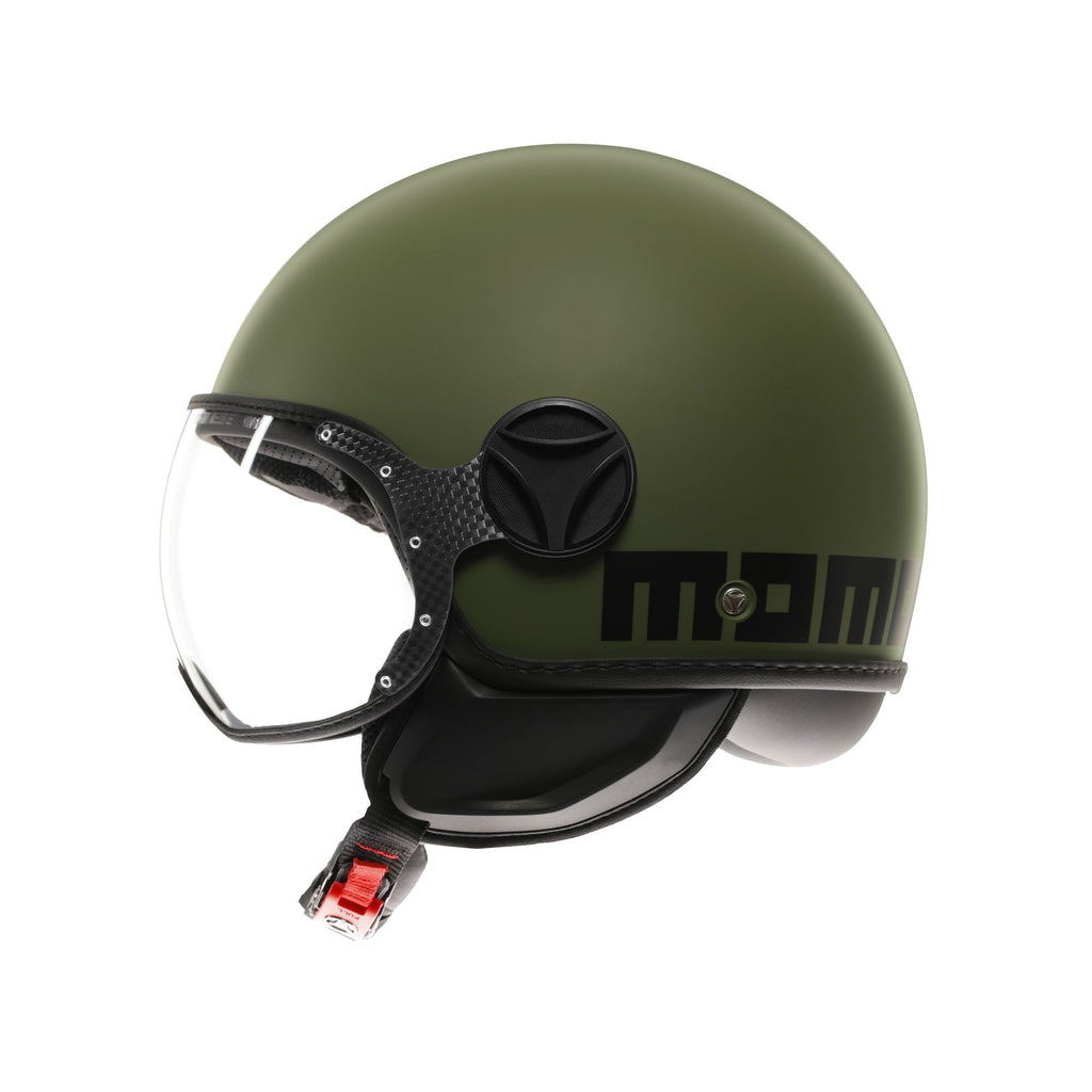 Casco jet Momo Design FGTR Classic Mono verde militare opaco, lato destro con scritta MOMO nera
