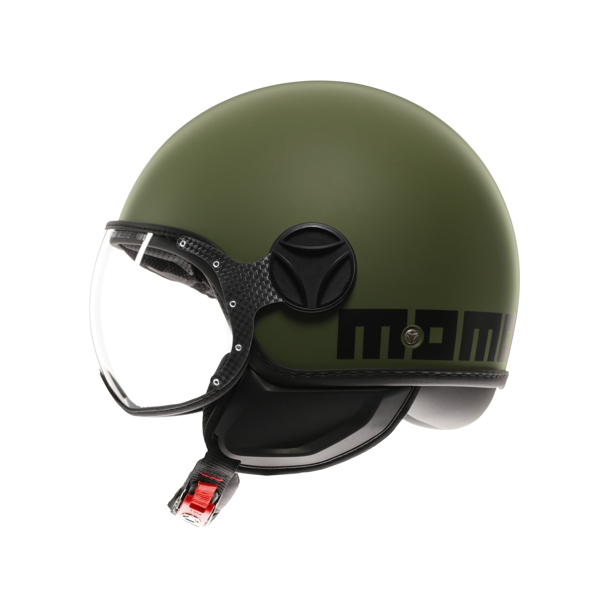 Casco jet Momo Design FGTR Classic Mono verde militare opaco, lato destro con scritta MOMO nera
