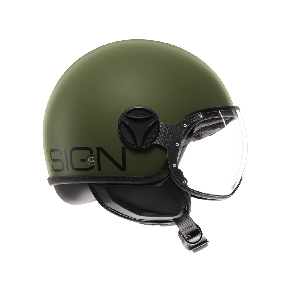 Casco jet Momo Design FGTR Classic Mono verde militare opaco, tre quarti posteriore con logo Momodesign nero
