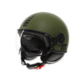 Casco jet Momo Design FGTR Classic Mono verde militare opaco con scritte nere, tre quarti anteriore