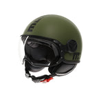 Casco jet Momo Design FGTR Classic Mono verde militare opaco con scritte nere, tre quarti anteriore